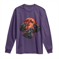 Majestic Three Wolves Howling at Red Blood Moon Graphic Long Sleeve Shirt Wild Nature with Celestial Astronomy