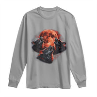 Majestic Three Wolves Howling at Red Blood Moon Graphic Long Sleeve Shirt Wild Nature with Celestial Astronomy