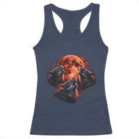 Majestic Three Wolves Howling at Red Blood Moon Graphic Racerback Tank Top Wild Nature with Celestial Astronomy