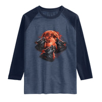 Majestic Three Wolves Howling at Red Blood Moon Graphic Raglan Shirt Wild Nature with Celestial Astronomy
