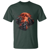 Majestic Three Wolves Howling at Red Blood Moon Graphic T Shirt Wild Nature with Celestial Astronomy