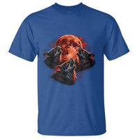 Majestic Three Wolves Howling at Red Blood Moon Graphic T Shirt Wild Nature with Celestial Astronomy