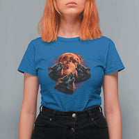 Majestic Three Wolves Howling at Red Blood Moon Graphic T Shirt For Women Wild Nature with Celestial Astronomy