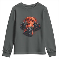 Majestic Three Wolves Howling at Red Blood Moon Graphic Youth Sweatshirt Wild Nature with Celestial Astronomy