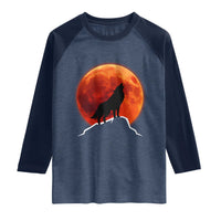 Howling Wolf Crimson Blood Moon Raglan Shirt Mountain Wildlife Nature Graphic