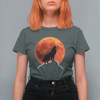 Howling Wolf Crimson Blood Moon T Shirt For Women Mountain Wildlife Nature Graphic