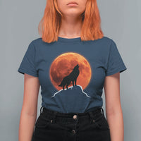 Howling Wolf Crimson Blood Moon T Shirt For Women Mountain Wildlife Nature Graphic