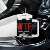 Parkinson's Awareness Tumbler With Handle WTF Winning The Fight Gray Ribbon Support Parkinsons Warriror