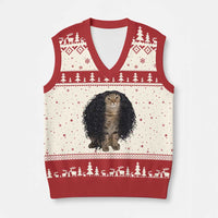 Funny Long Curly Hair Wig Cat Soccer Fans V-Neck Knit Sweater Vest Football Meme Sports Humor