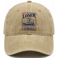 Funny Odysseus Journey Epic Odyssey Parody Washed Cotton Baseball Cap Retro Get In Loser Returning To Ithaca Greek Mythology Meme