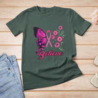 Breast Cancer Awareness T Shirt Believe Butterfly Flower Pink Ribbon Support Squad - Wonder Print Shop
