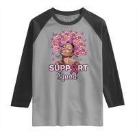 Breast Cancer Awareness Raglan Shirt Black Afro Woman Support Squad Pink Ribbon Sunflower
