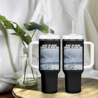 Funny Nihilist Penguin Existential Meme Tumbler With Handle Reject the Colony Embrace the Mountains