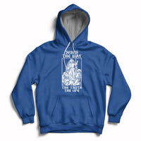Royal blue Christian hoodie with front pocket and Jesus-themed chest graphic