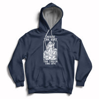 Navy Christian hoodie with front pocket and Jesus-themed chest graphic