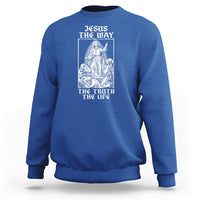 Royal blue crewneck sweatshirt with front Jesus graphic and 'THE WAY' 'THE TRUTH THE LIFE' text