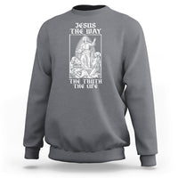 Charcoal gray crewneck sweatshirt with front Jesus graphic and 'THE WAY' 'THE TRUTH THE LIFE' text