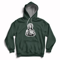 Forest green hoodie with front kangaroo pocket and Jesus graphic on chest, drawstring hood.