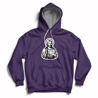 Purple hoodie with front kangaroo pocket and Jesus graphic on chest, drawstring hood.