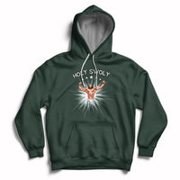 Forest green pullover hoodie with front pocket, drawstring hood, and Jesus chest graphic