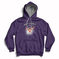 Purple pullover hoodie with front pocket, drawstring hood, and Jesus chest graphic