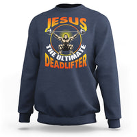 Navy crewneck sweatshirt with Jesus and deadlifter barbell graphic on back