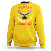 Daisy yellow crewneck sweatshirt with Jesus and deadlifter barbell graphic on back