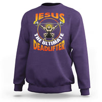 Purple crewneck sweatshirt with Jesus and deadlifter barbell graphic on back
