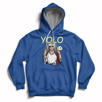 Royal blue pullover hoodie with front graphic and kangaroo pocket, drawstring hood.