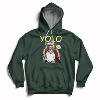 Forest green pullover hoodie with front graphic and kangaroo pocket, drawstring hood.
