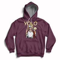 Maroon pullover hoodie with front graphic and kangaroo pocket, drawstring hood.