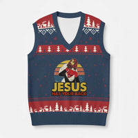 Funny Jesus Satan Meme V-Neck Knit Sweater Vest Has Your Back Jiu Jitsu Retro Religious Christian - Wonder Print Shop