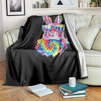 Colorful Tie Dye Bunny with Sunglasses Throw Blanket Cool Easter Rabbit Retro Hippie Vibe Graphic Gift