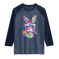 Colorful Tie Dye Bunny with Sunglasses Raglan Shirt Cool Easter Rabbit Retro Hippie Vibe Graphic Gift