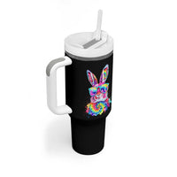 Colorful Tie Dye Bunny with Sunglasses Tumbler With Handle Cool Easter Rabbit Retro Hippie Vibe Graphic Gift