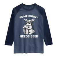 Some Bunny Needs Beer Funny Easter Drinking Humor Raglan Shirt Cool Rabbit with Sunglasses Graphic Gift