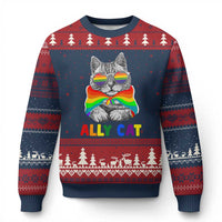 Ally Cat with Pride Cape Ugly Christmas Sweater Rainbow LGBTQ+ Support - Wonder Print Shop