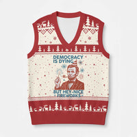 Funny 4th of July Satire V-Neck Knit Sweater Vest Democracy Is Dying But Hey Nice Fireworks Abe Lincoln - Wonder Print Shop