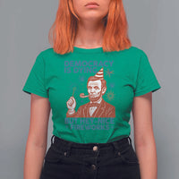 Funny 4th of July Satire T Shirt For Women Democracy Is Dying But Hey Nice Fireworks Abe Lincoln