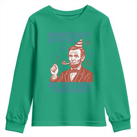 Funny 4th of July Satire Youth Sweatshirt Democracy Is Dying But Hey Nice Fireworks Abe Lincoln