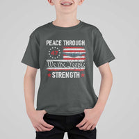 Peace Through Strength T Shirt For Kid Patriotic Midnight Hammer Jet American Flag - Wonder Print Shop