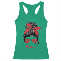 Morocco Girl Messy Bun with Flag Sunglasses Racerback Tank Top Proud Moroccan Woman Heritage