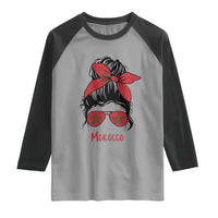 Morocco Girl Messy Bun with Flag Sunglasses Raglan Shirt Proud Moroccan Woman Heritage