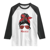 Morocco Girl Messy Bun with Flag Sunglasses Raglan Shirt Proud Moroccan Woman Heritage