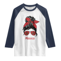 Morocco Girl Messy Bun with Flag Sunglasses Raglan Shirt Proud Moroccan Woman Heritage