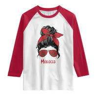 Morocco Girl Messy Bun with Flag Sunglasses Raglan Shirt Proud Moroccan Woman Heritage