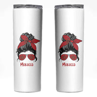 Morocco Girl Messy Bun with Flag Sunglasses Skinny Tumbler Proud Moroccan Woman Heritage