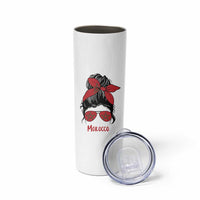 Morocco Girl Messy Bun with Flag Sunglasses Skinny Tumbler Proud Moroccan Woman Heritage