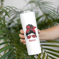 Morocco Girl Messy Bun with Flag Sunglasses Skinny Tumbler Proud Moroccan Woman Heritage