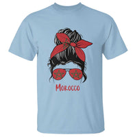 Morocco Girl Messy Bun with Flag Sunglasses T Shirt Proud Moroccan Woman Heritage